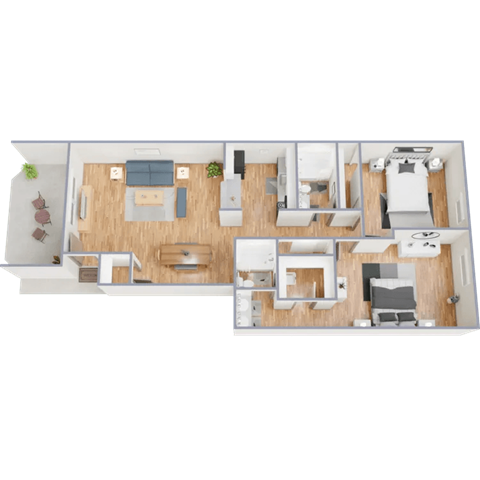 Floor plan for 2 beds, 2 baths, 943 sqft